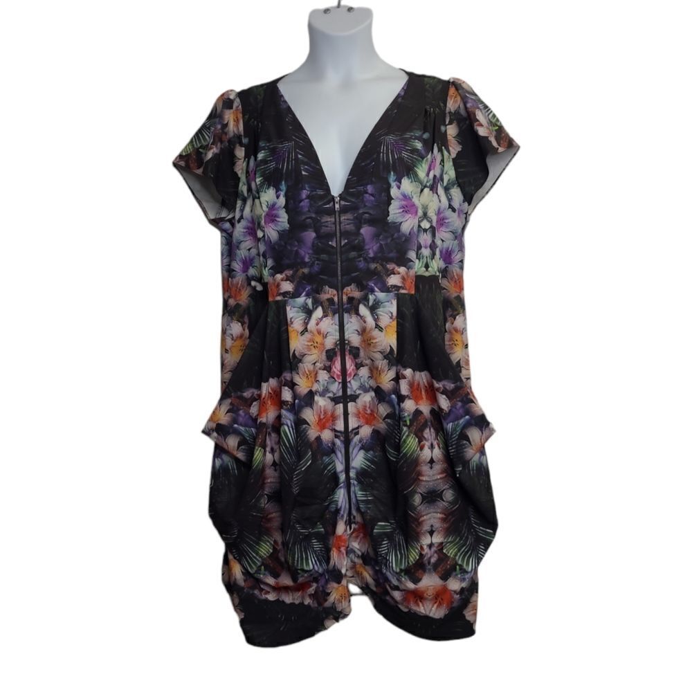 CITY CHIC black floral‎ zip front v-neck Emma tunic dress with pockets 18W